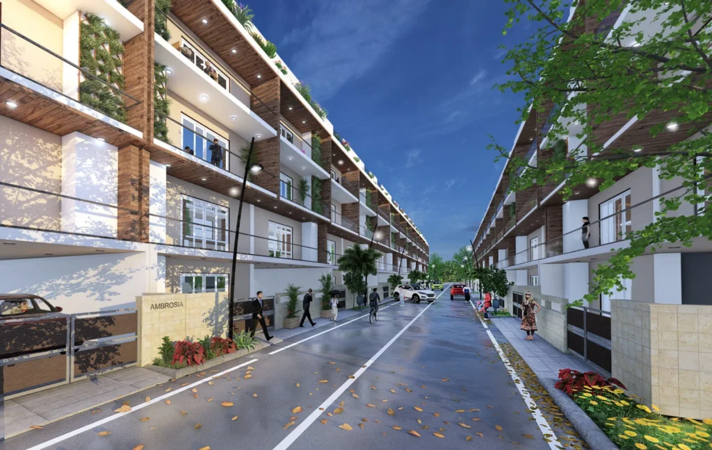 Modern luxury apartment building by AMBR Homes offering affordable 2 and 3 BHK flats