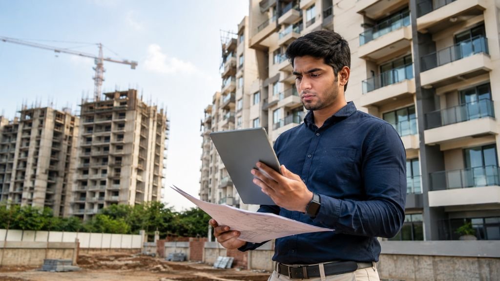 Homebuyer checking property documents at a residential construction site before buying a flat